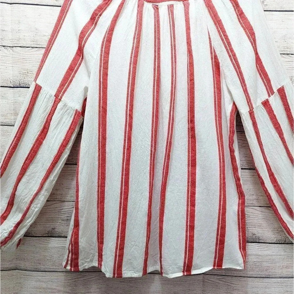 Gap Women's Size M Split Neck Blouse Frame Zen Red Stripe Beige Long Sleeve Top. - Picture 10 of 10